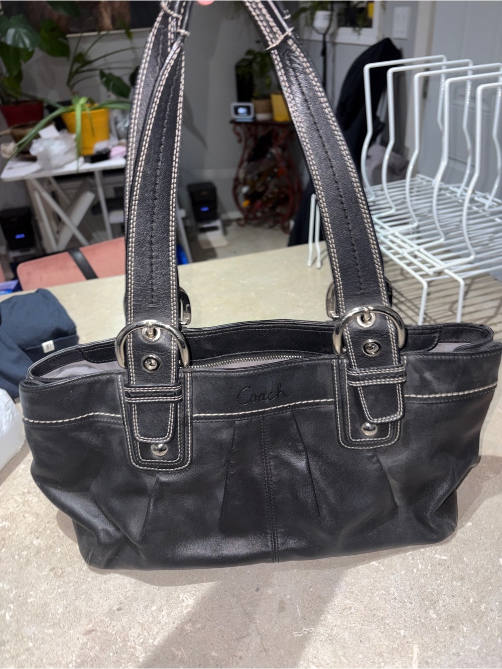 Coach Black Leather Shoulder Bag with White Contrast Stitching